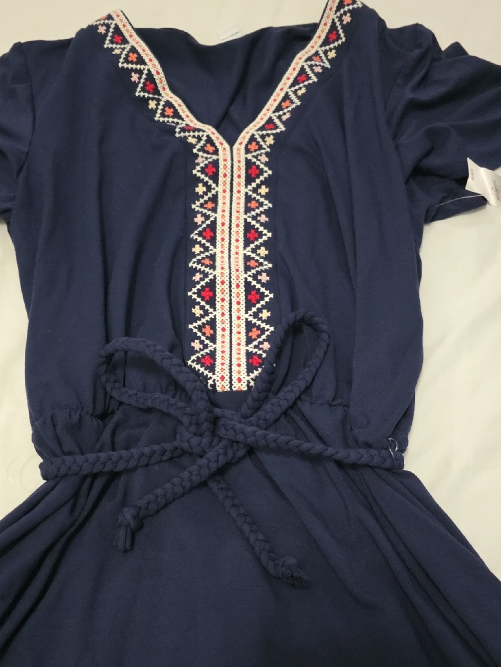 Navy Embroidered V-Neck Dress with Braided Waist Tie Size M - Picture 2 of 5